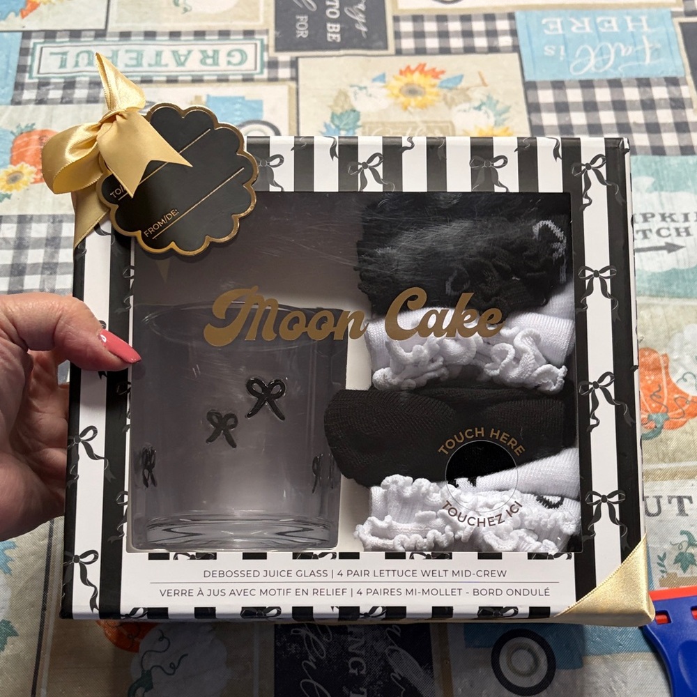 Moon Cake Black and White Embossed Glass and Sock Set